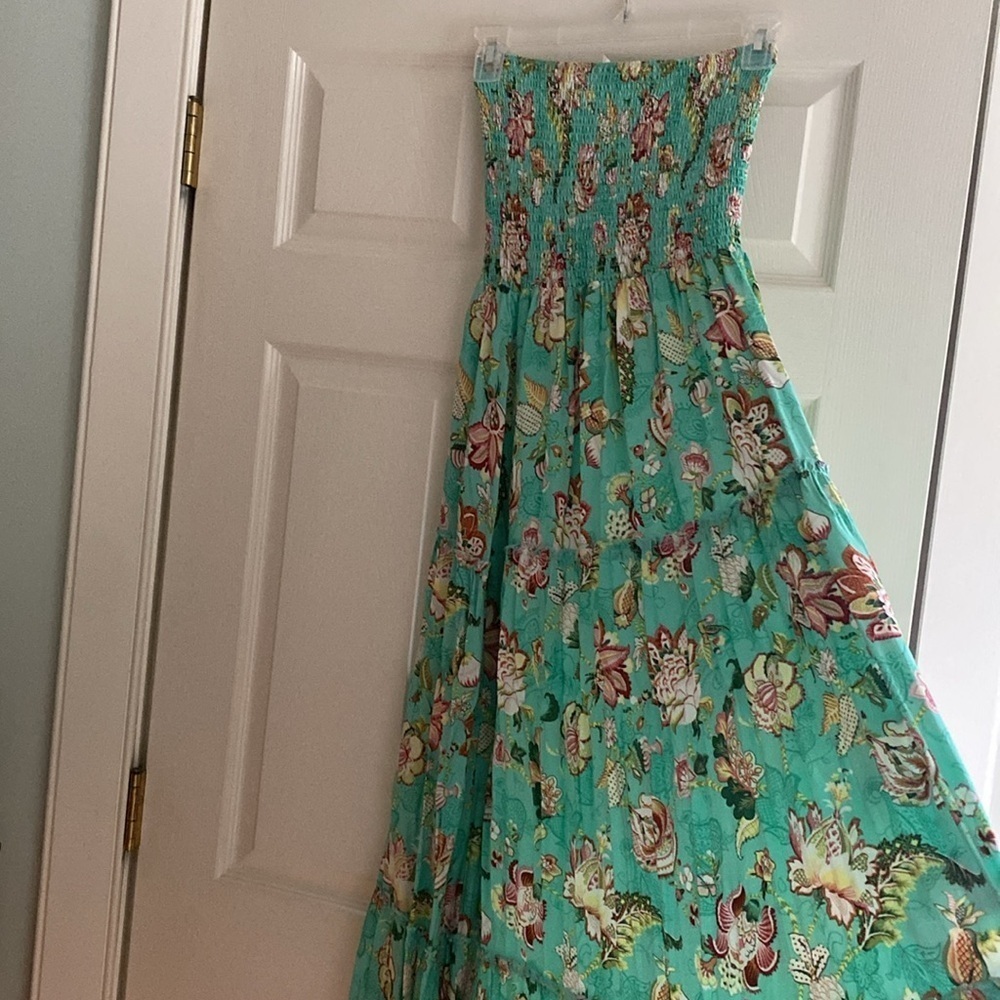 Aqua Blue Floral Smocked Top Maxi Dress Small - Picture 4 of 11